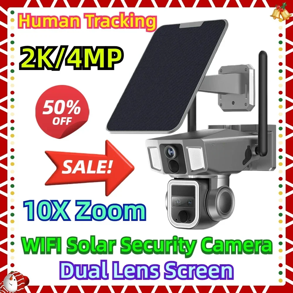 WIFI Solar Security Camera Outdoor 10X Zoom Dual Lens Screen  Wireless Cameras 2K/4MP  PTZ Cam Human Tracking CCTV