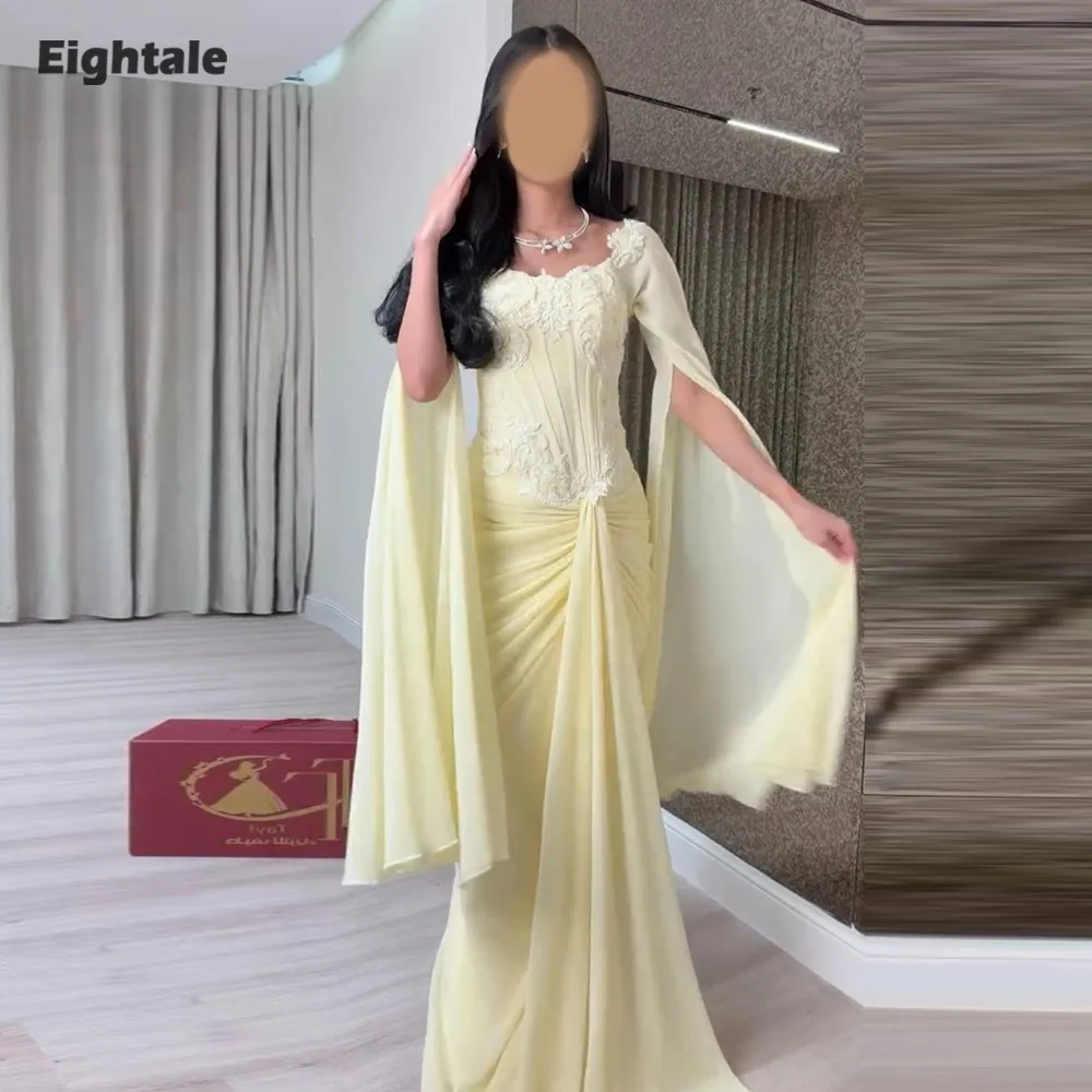 

Eightale Arabic Evening Dress Chiffon Butter Yellow Wedding Prom Gown Customized Appliques Lace Party Dress robe de soiree