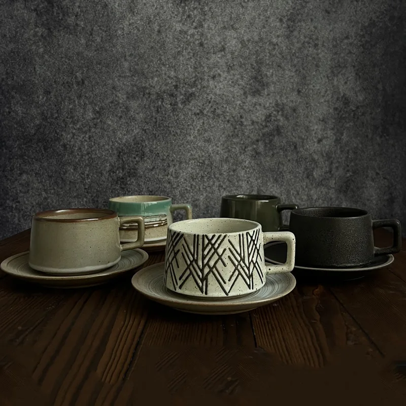 

Premium Commercial Coffee Cup Set Japanese Style Ceramic Mug with Saucer for Bubble Tea Shop Cafe Durable Dishwasher Safe