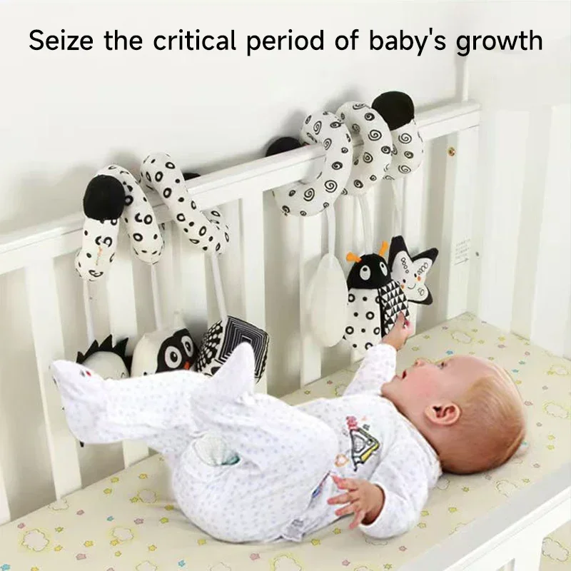 Bebê espiral de pelúcia pendurado brinquedos bebê chocalho macio brinquedos sensoriais preto e branco dos desenhos animados animal cama cabide brinquedos crianças pacificar brinquedos