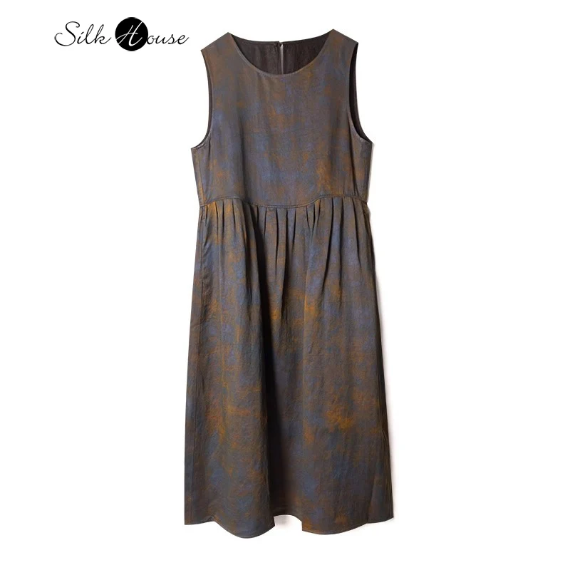 

Blue Dyed Gold-plated Round Neck 100%Natural Mulberry Silk Fragrant Cloud Yarn Gold-plated Satin Blend Women's Fashionable Dress