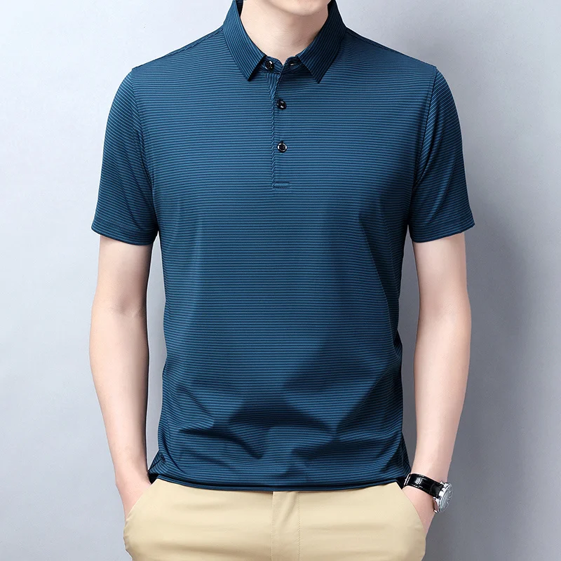 ice High-grade men's short-sleeved T-shirt summer lapel horizontal fine color striped T-shirt casual ice POLO shirt