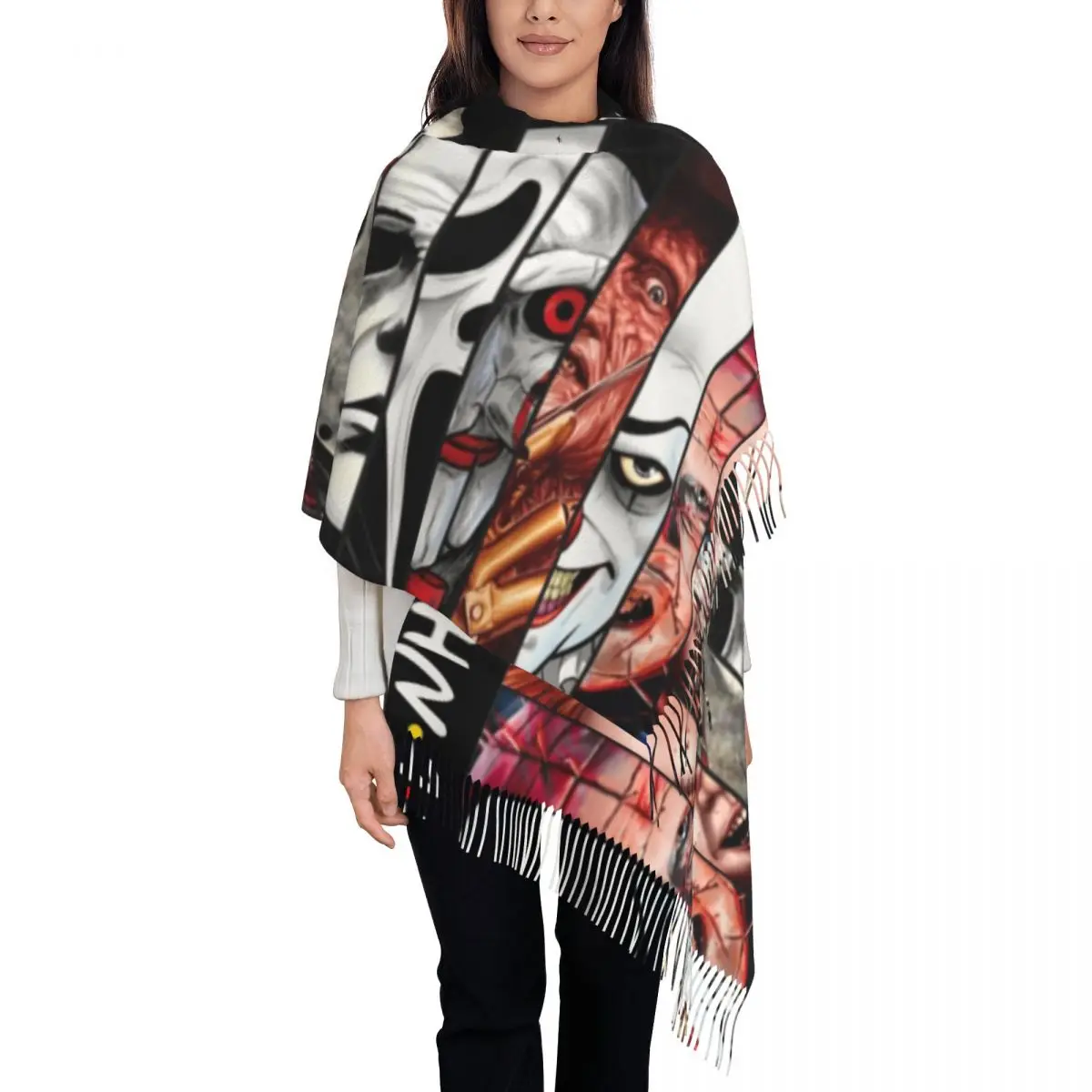 여성용 따뜻한 스카프, 내 무서운 할로윈 코스튬 스카프 랩, 술 빈티지 숄 랩, 겨울 그래픽 버판다