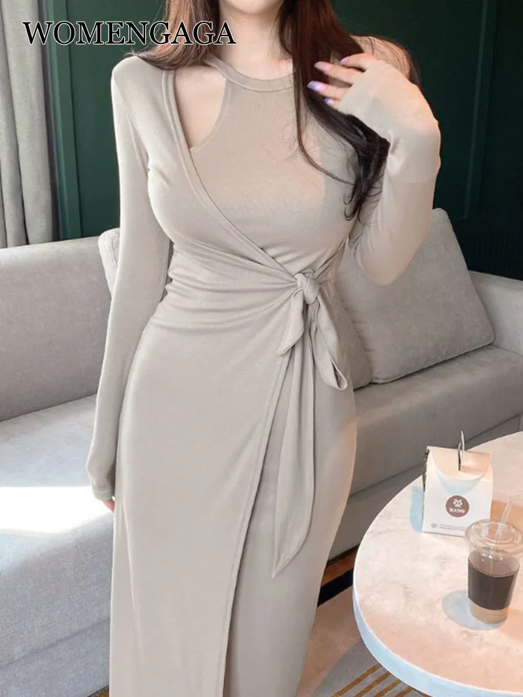 WOMENGAGA Korea 2022 Autumn Winter New Body Feminine Irregular Side Bandage Slim Sexy Split Dress Maxi Long Dresses  S8HD