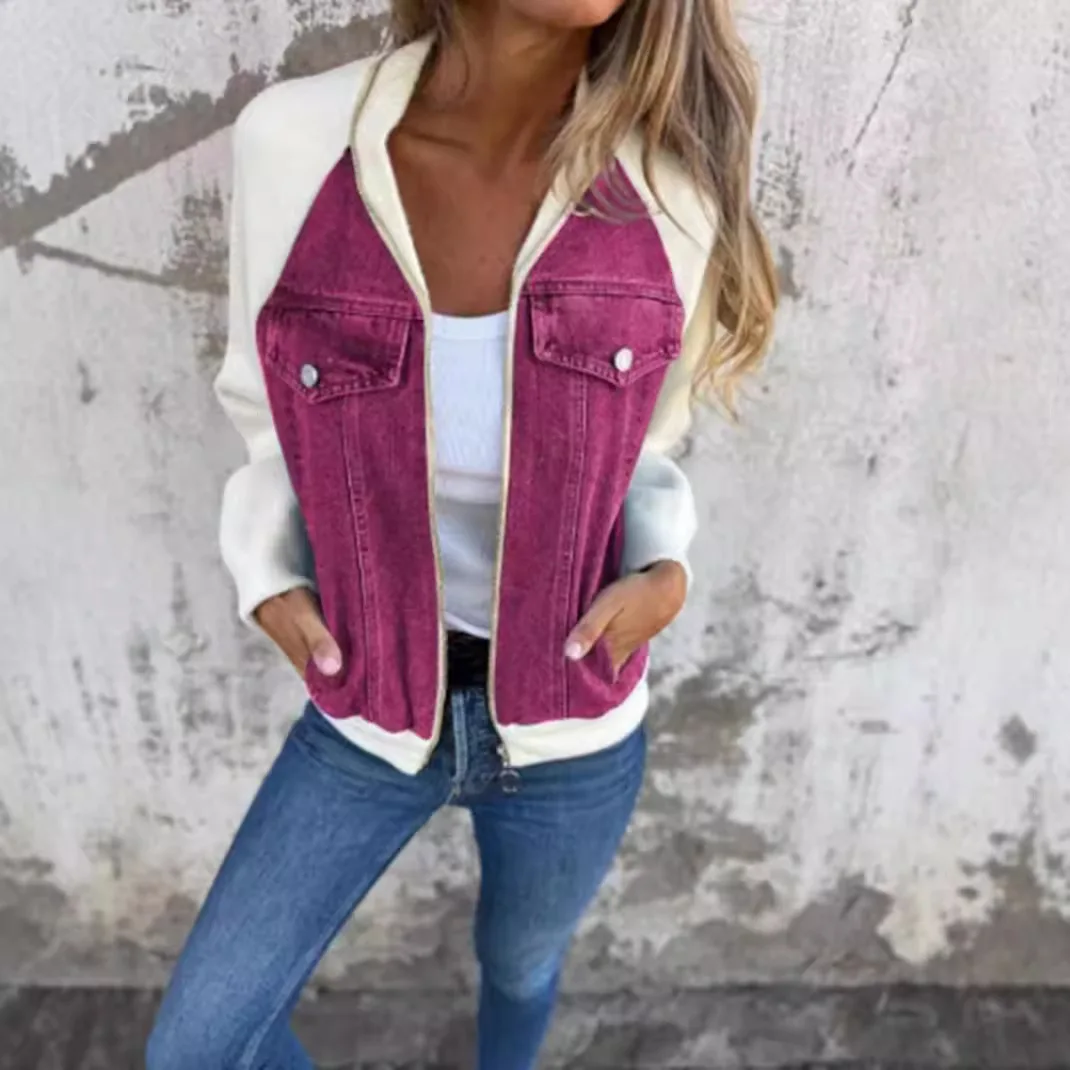 Jaquetas femininas retalhos denim casaco outono 2025 gola zíper voar bolsos lavado angustiado outerwear streetwear vintage