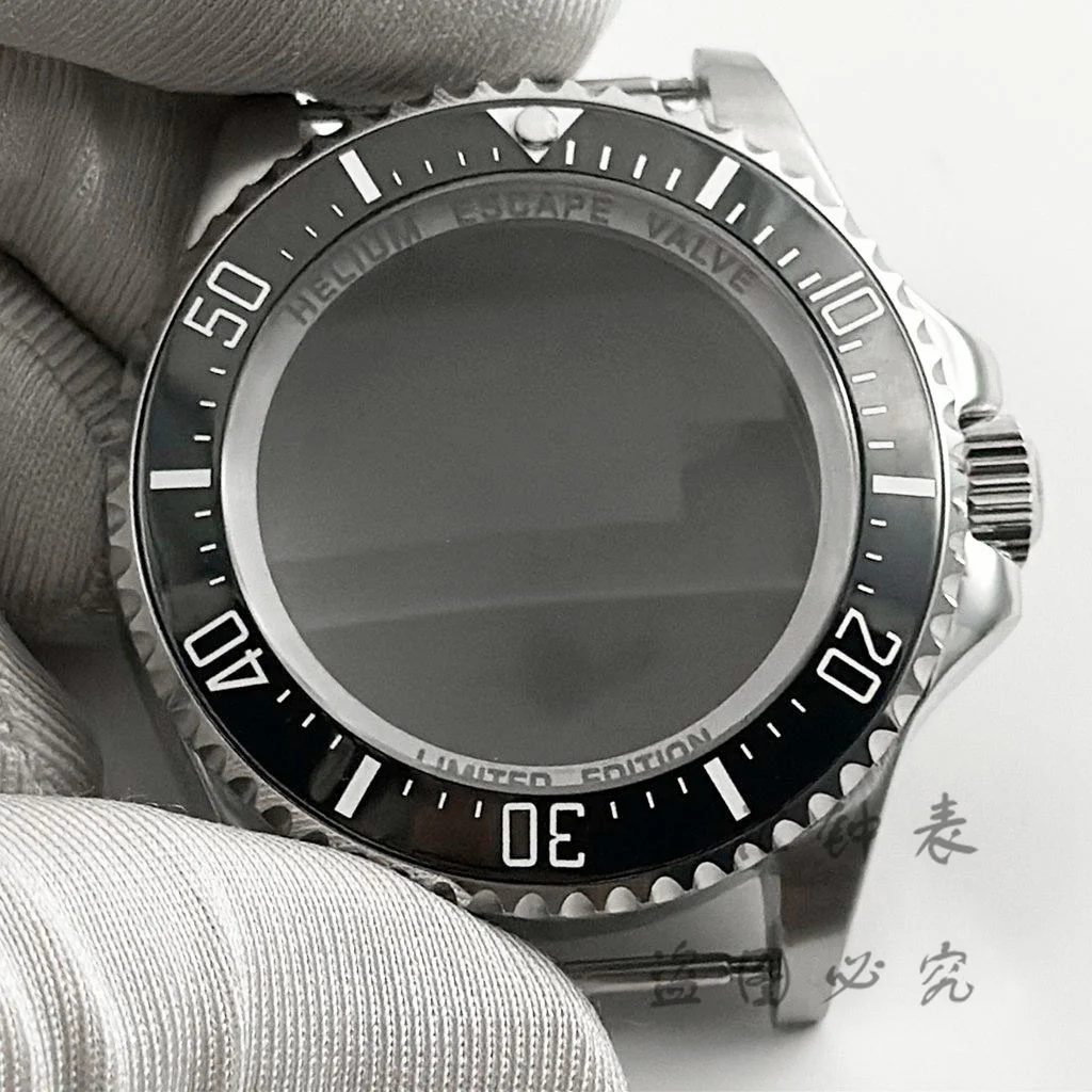 44MM SEA Big Black Ceramic Bezel Silver DEEP Homage Sapphire Crystal Watch Case Fit NH34 NH35 NH36 4R35 4R36 NH38 NH39 Movement