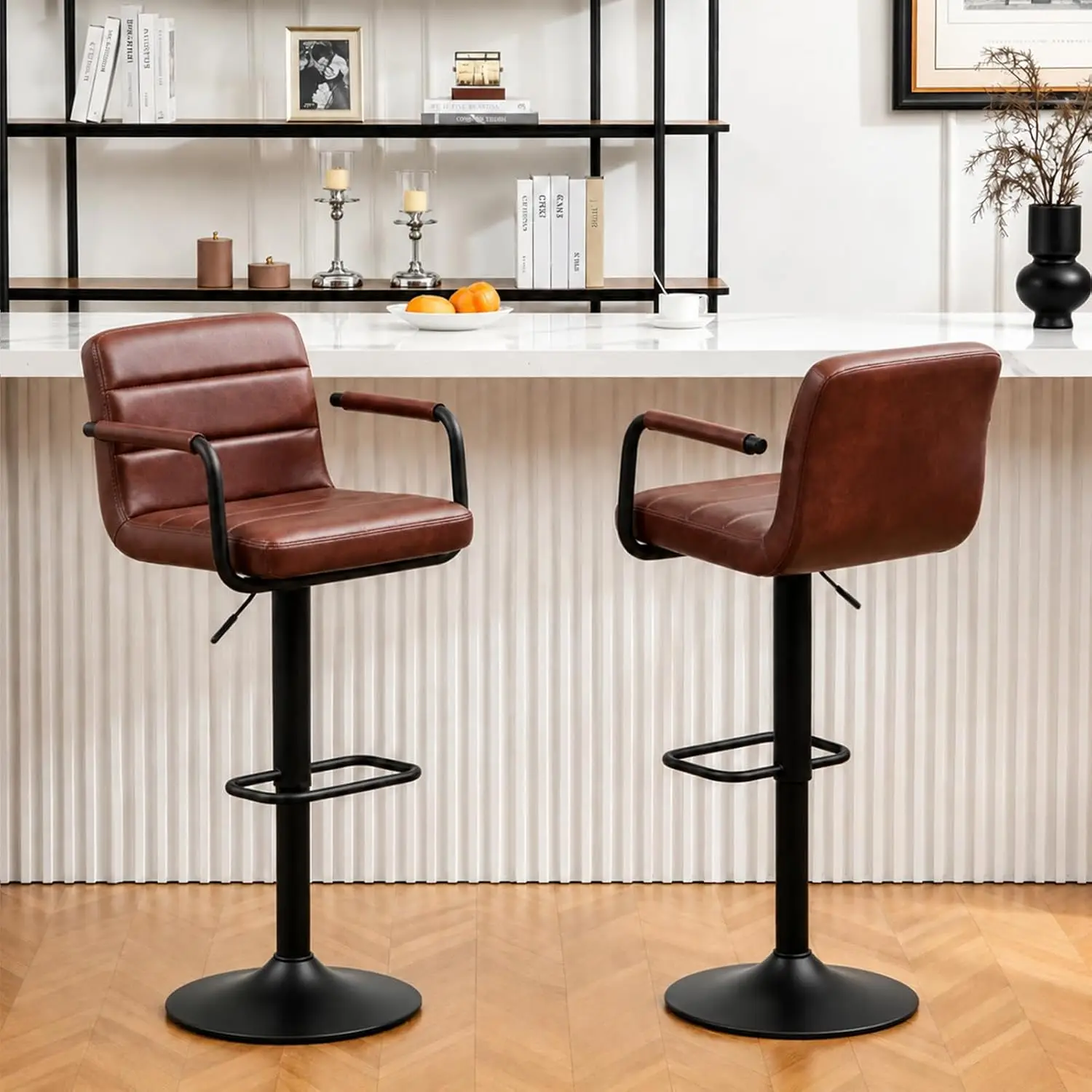 Swivel Bar Stools, Industrial PU Leather Adjustable Bar Stools with Armrests, Counter Height Bar Stools with Footrest