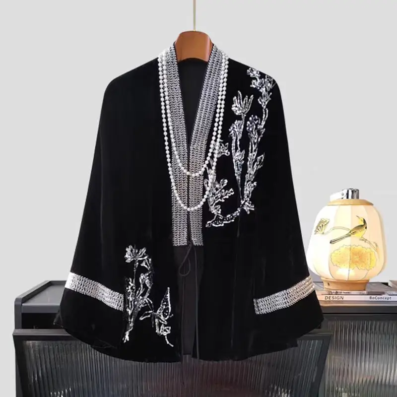 High-End New Chinese Style V-Neck Beading +Embroidered Silk +Velvet Coat Fashion Lace up Women's Autumn New Jacket S-XL