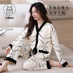 With Bra Pad M-3XL Women Cotton Pajama Spring Kimono Style Cardigan Sleepwear Korean Pijamas Plus Size Nightwear Long Pjs