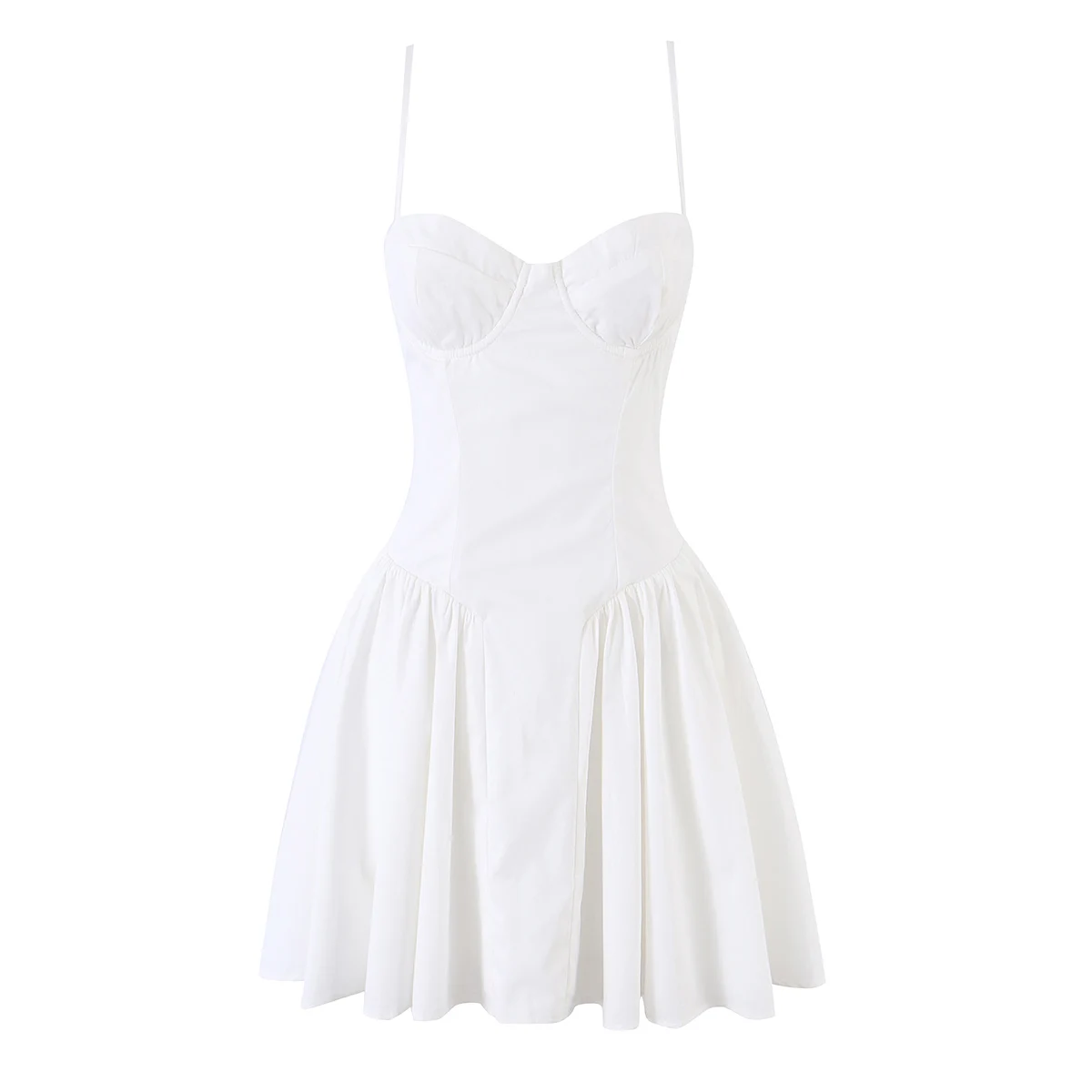 DUOPERI Women White Cotton Waist-Cinched Pleated Dress Sweetheart Neck Strap Dress Female Chic Lady Party Dress