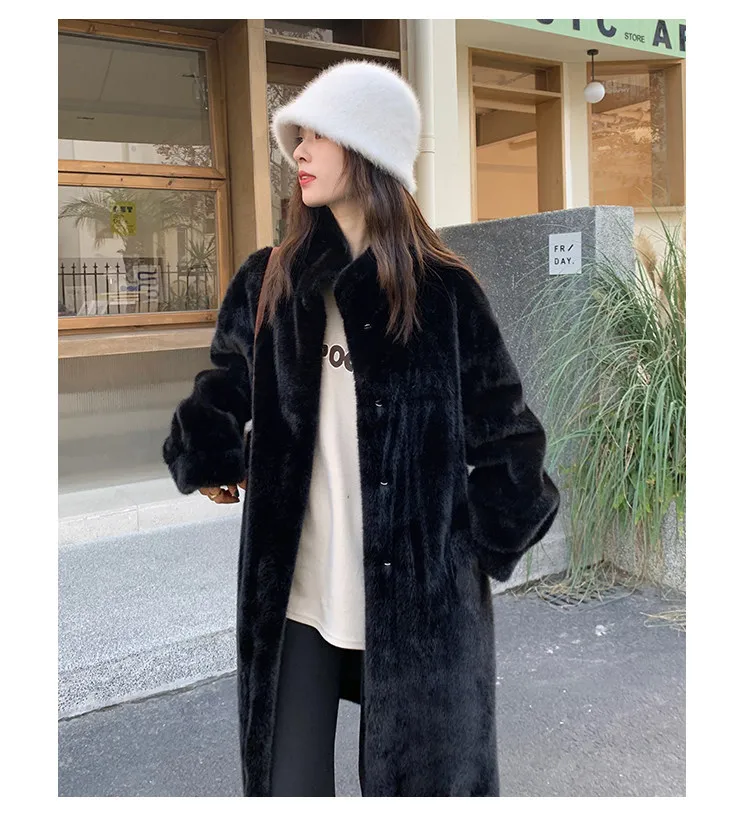Women's Thick Faux Mink Fur Mid-length Coat Autumn Winter Fashion Stand Collar Plush Outerwear Women Elegant Warm Fluffy Jackets