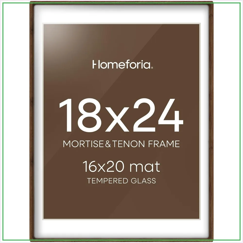 Solid Walnut Poster Frame 18x24 with Mat for 16x20, Tempered Glass, Mortise & Tenon, Wall Mount