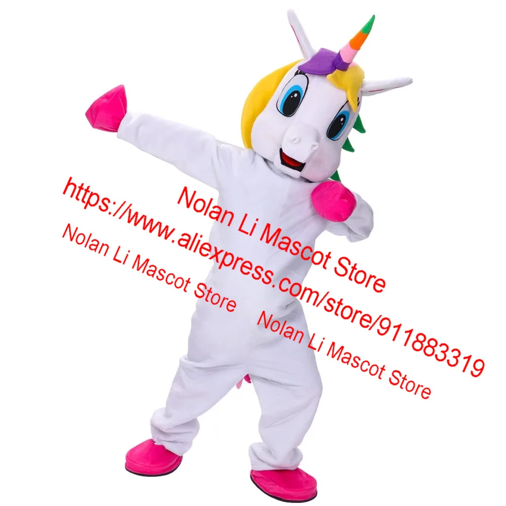 High Quality Unicorn Mascot Costume Cartoon Anime Pink White Rainbow Magic Catwalk Stage Promotion Adult Size Holiday Gift 1034