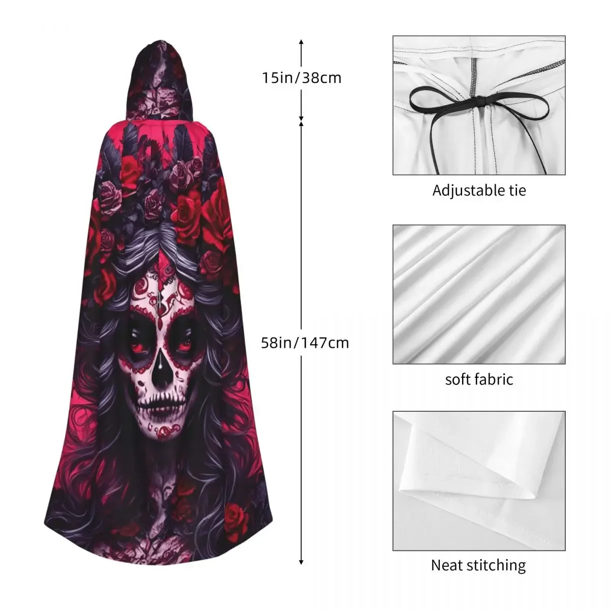 Mexican Catrina Girl Day Of The Dead Sugar Skull Long Hooded Cloak Witch Medieval Costume Cosplay Cape HalloweenCoat Unisex