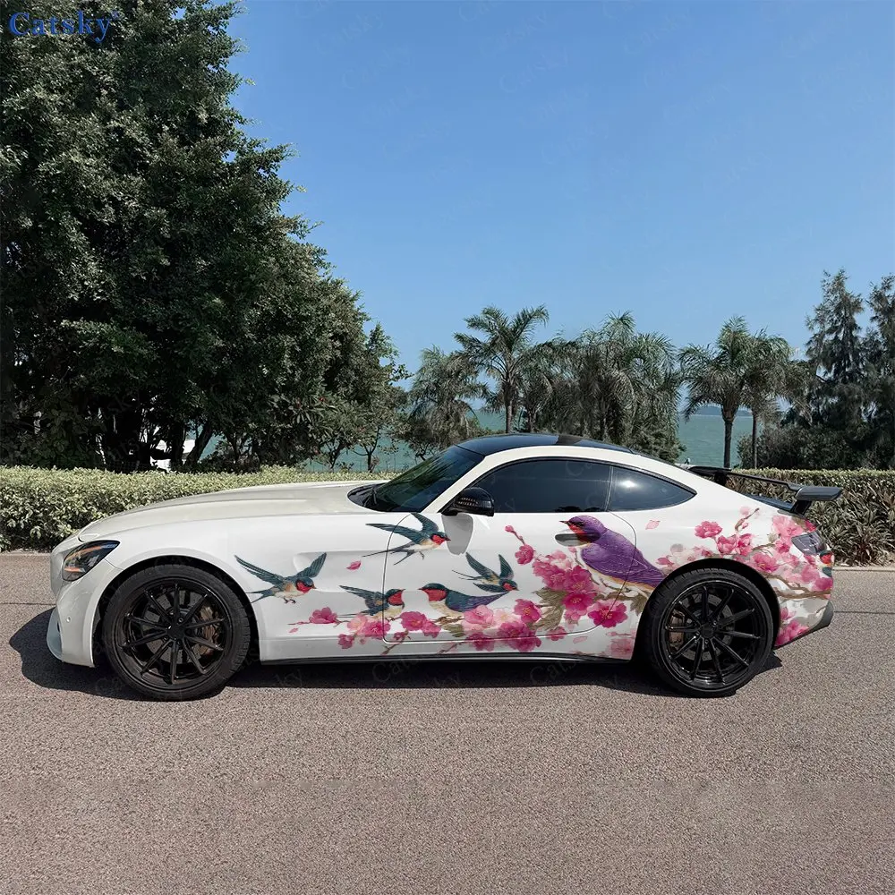 

2pcs Falling Petal Sparrow Shadow , Durable, Fade-resistant, Enhance Vehicle Aesthetics With Bold Artistic Design Car Vinyl Wrap