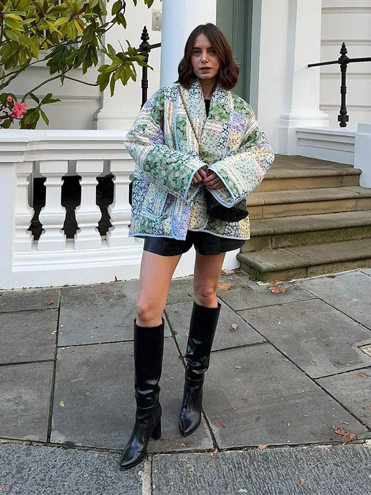 Cárdigan corto con estampado Floral para mujer, chaqueta de manga larga con solapa y bolsillos, ropa de calle alta, 2024