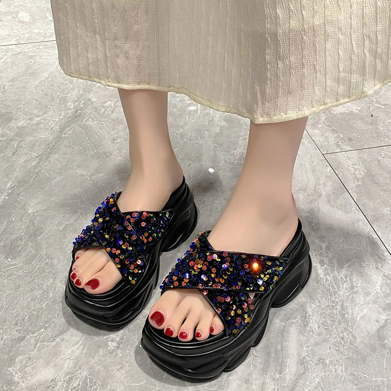 Ladies Sandals Woman 9CM Summer Open Toe Bling Sandal Dress Shoes Womens High Heels Sandals Platform Wedges Heeled Ladies