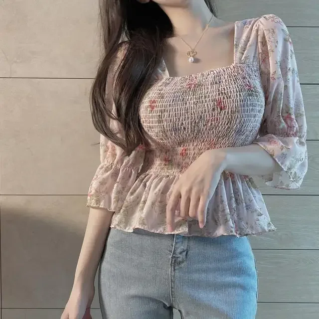 قميص شيفون للنساء بأكمام واسعة مزهّرة جديدة ملفوفة في الصدر والخصر لجعل أن يبدو أن تكون قميصًا نحيفًا للنساء