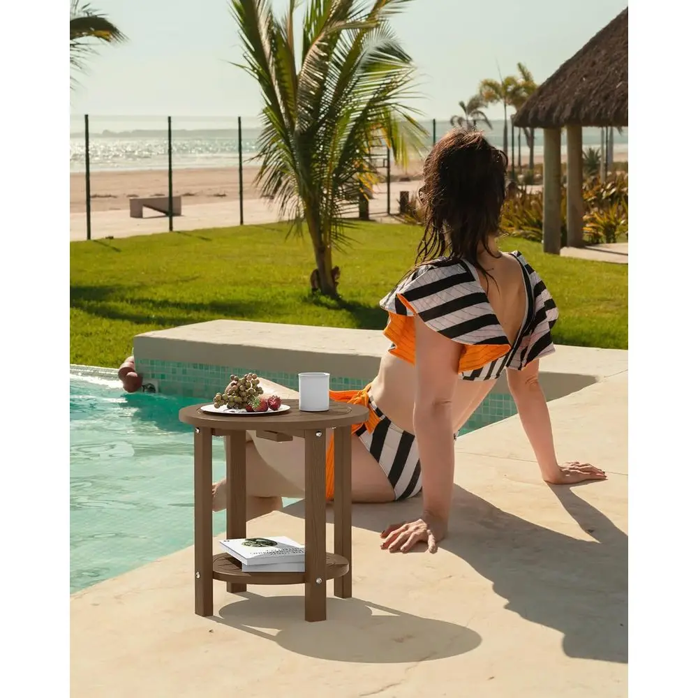 Set of 2 Small Round 16in Outdoor Patio Side Tables - 2-Tier Teak End Tables for Yard, Poolside, and Beach Living