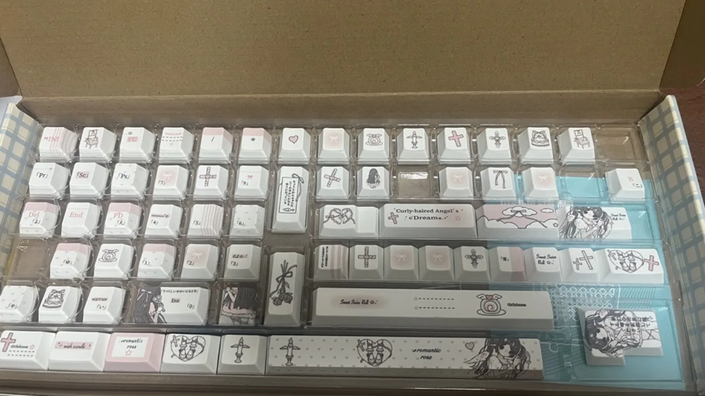 Curly Angel Milky Heart Keycaps Custom PBT Cherry MOA Profile Key Cap Cute Korean Russian DIY Sweet Girl White Point Keycap