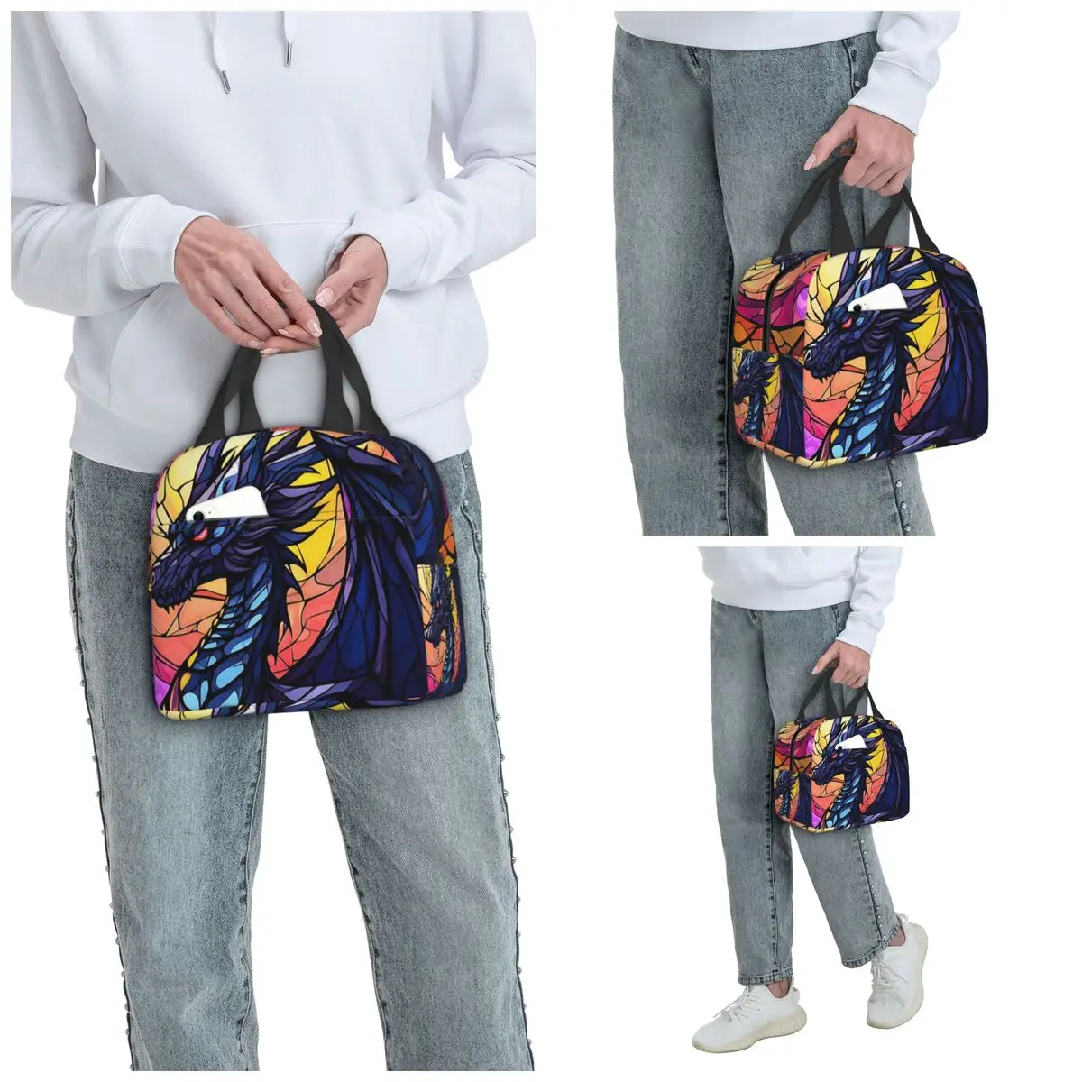 Glass Purple Dragon Pattern Insulated Lunch Bag for Kids School Cooler Thermal Food Box Tote Portable Lunch Boxes Container
