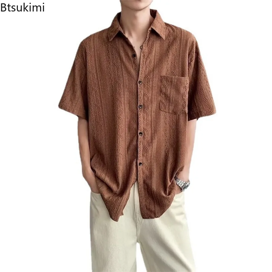 2024 New Men's Vintage Simple Hollow Out Shirt Summer Trend Cardigan Fashion Japanese Style Casual Streetwear Men All-match Tops