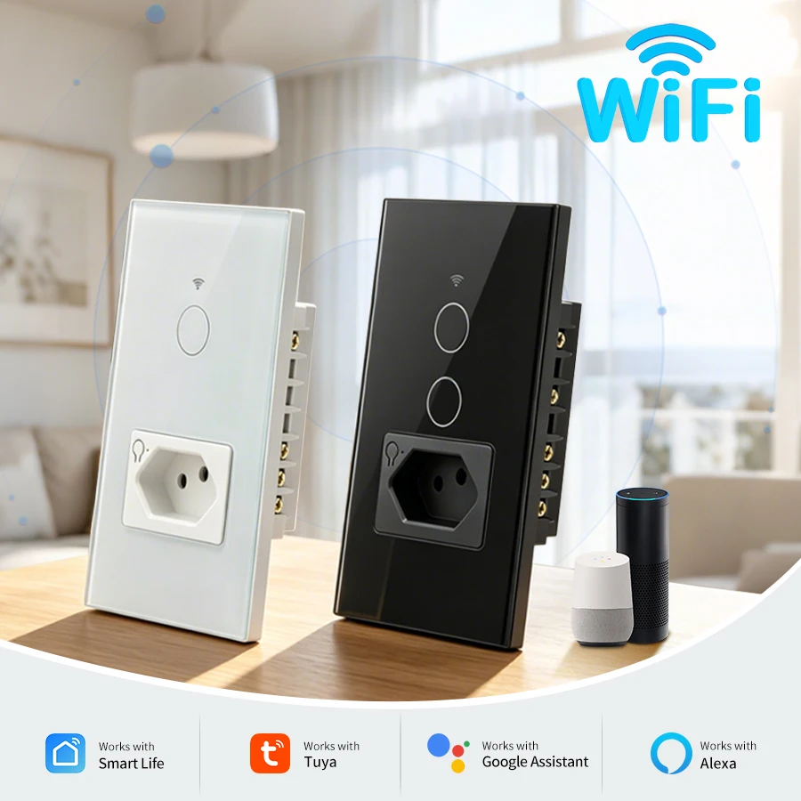 Tuya Brazil WiFi 1/2 Gang Switch Smart Touch Light Switch With Socket 110V 220V Smart Life APP Remote Control Alexa Google Home