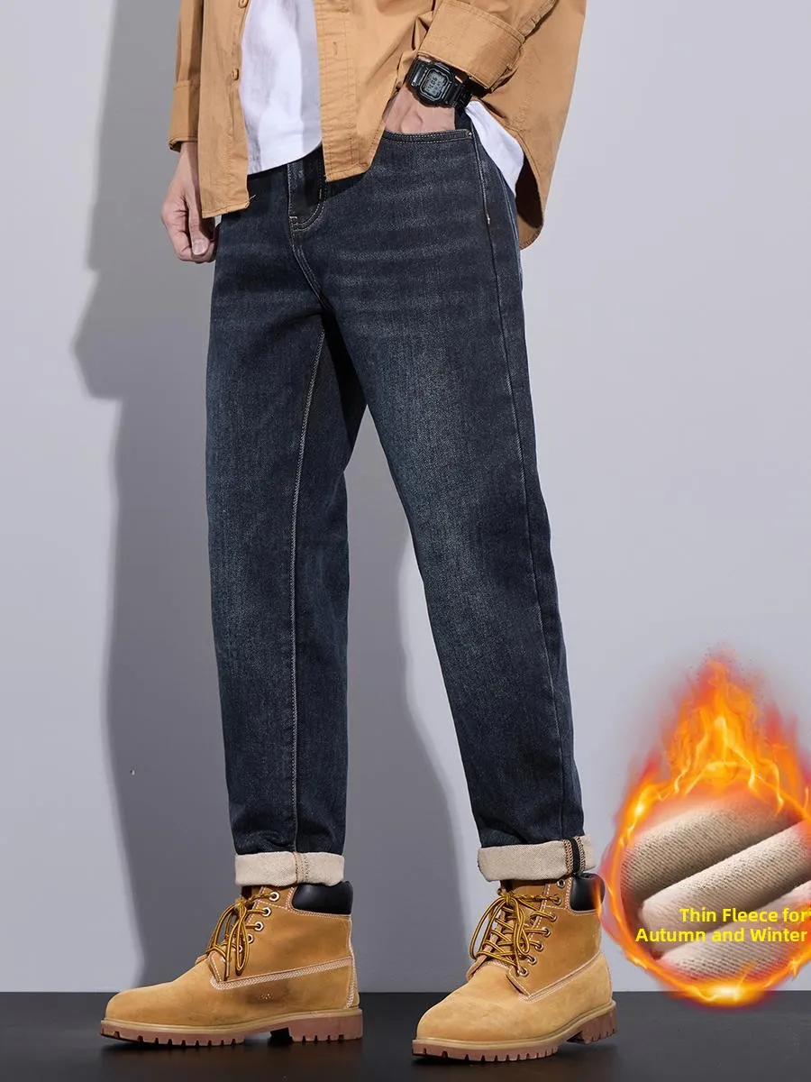 

Men's Slim Fit Fce Lined Jeans Faionable Casual Winter Pants Elastic Straight Leg Cotton Stretch Denim mid Waist Zipper Fly