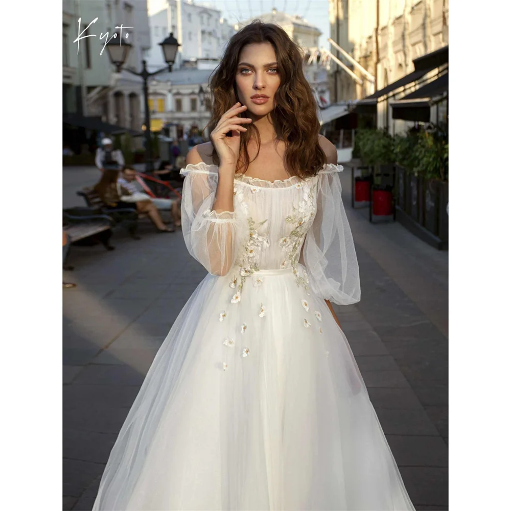 

Kyoto Customized Tulle Puff Sleeve Off-the-Shoulder Wedding Dress Ball Gown White Floral فستان زفاف Court Train Abito da sposa