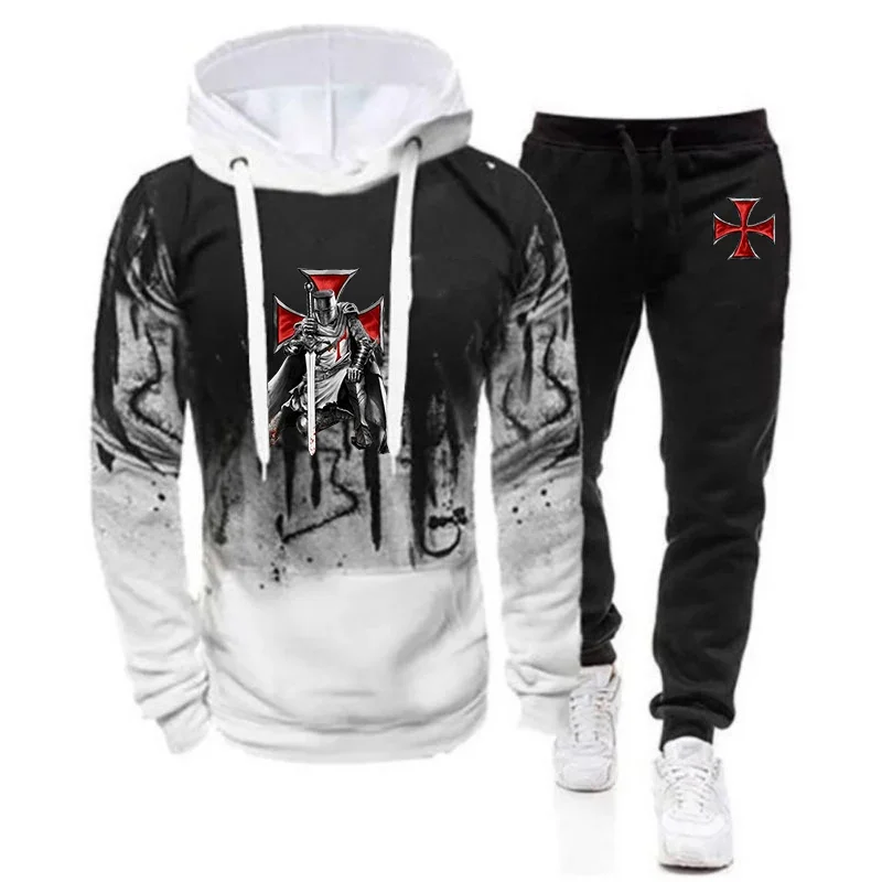 2024 Men New Printing Knights Templar Casual Comfortable Pullover Hoodies + Pant Comfortable Gradient Color Two Pieces Suit