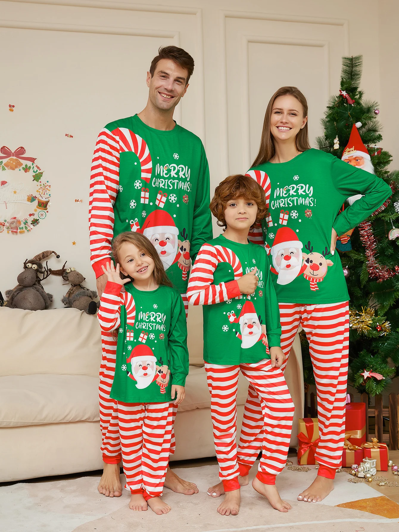 Family Christmas Pajamas Matching Parent-child Sleepwear Green Red Stripe Santa Claus Candy Cane Print Xmas Gift Men Women Kids