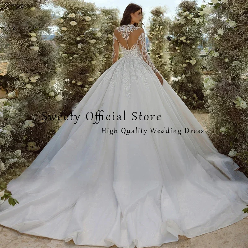 Luxuriöses Hochzeitskleid aus Organza mit Stickerei, Perlenstickerei, Prinzessin-Ballkleid, volle Ärmel, Stehkragen, Braut-Knopf, Vestido de Novia