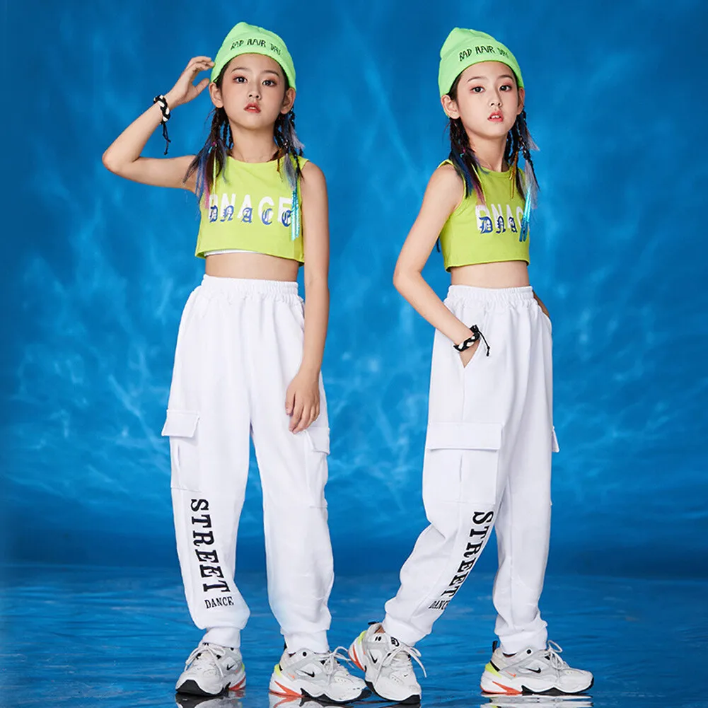 LOLANTA Girls Green Vest White Jogger Pants Set Hip Hop Clothing Street Wear Jazz Dance Stage Performance Costumes 4-14 Years