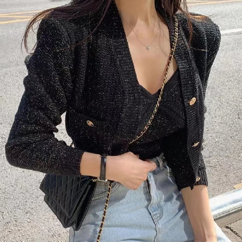 Knitted 2 Piece Sets Clothes V Neck Camisole Top + Cropped Black Cardigans Knit Jacket Korean Women Sweaters 2024 Slim