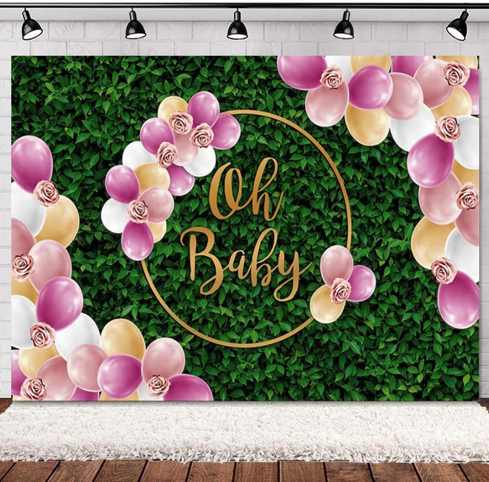 

Photography Backdrop Colorful Balloons Oh Green Leaves Baby Photo Studio Baby Shower Gender Reveal Party Decorations Background