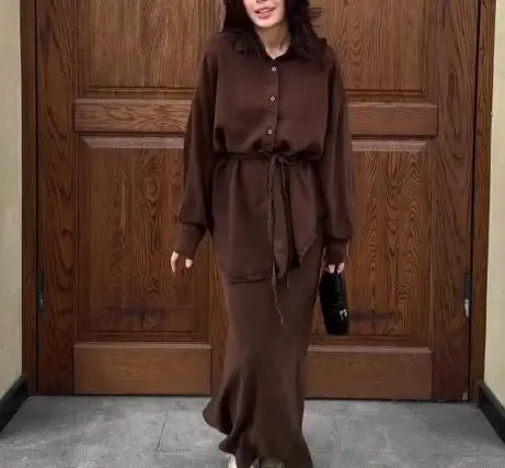 

Two Piece Set Women Outfit 2025 Spring Autumn Solid Color Turn-Down Collar Long Sleeved Lace Up Shirt & Casual Long Skirt Set