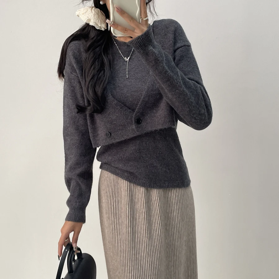 Autumn Winter Knitted 2 Piece Sweater For Women Korean Casual Sleeveless Slim Knit Vest+long Sleeve Knitwears Cardigans 2024