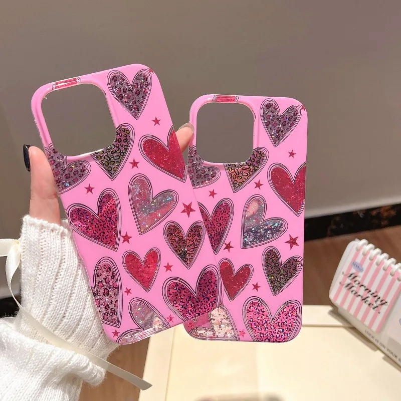 Trendy Love Heart Leopard Glitter Pink Phone Case For IPhone 17 16 15 14 13 Promax Shockproof Soft Luxury Bling Protective Cover