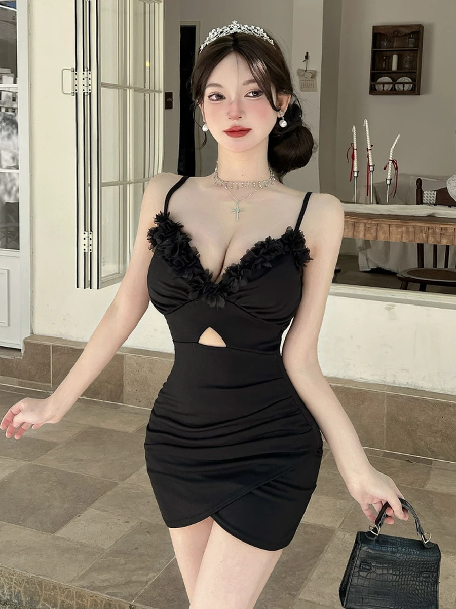 

Sexy Pure Desire Deep V Ne Low Chest Flower Strap Dr Irregular Wrap around ort Skirt Women's Faion Spring Autumn