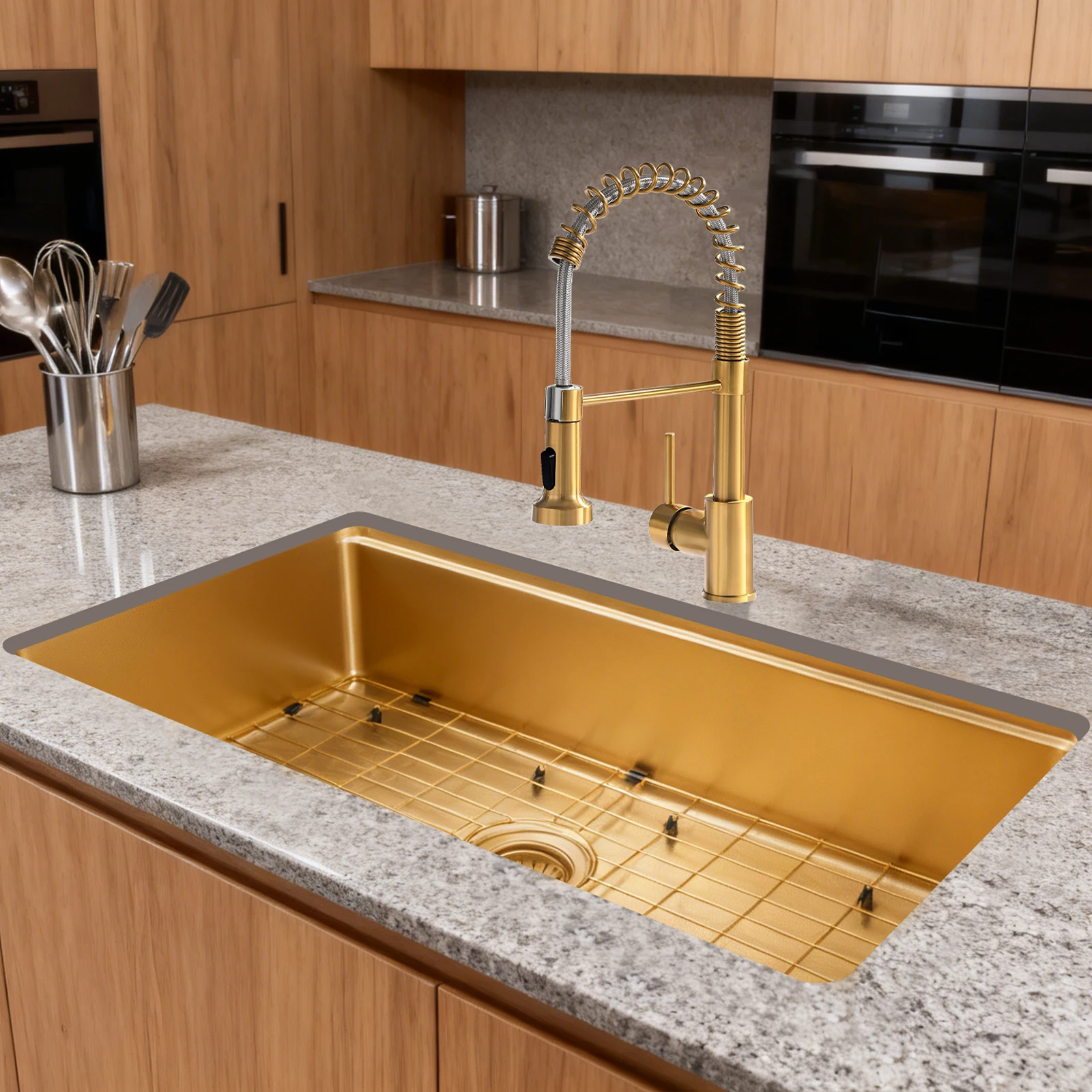 Multi Functional Modern Luxury Large Single Bowl Under Mount 304 Stainless Steel Gold Kitchen Sink