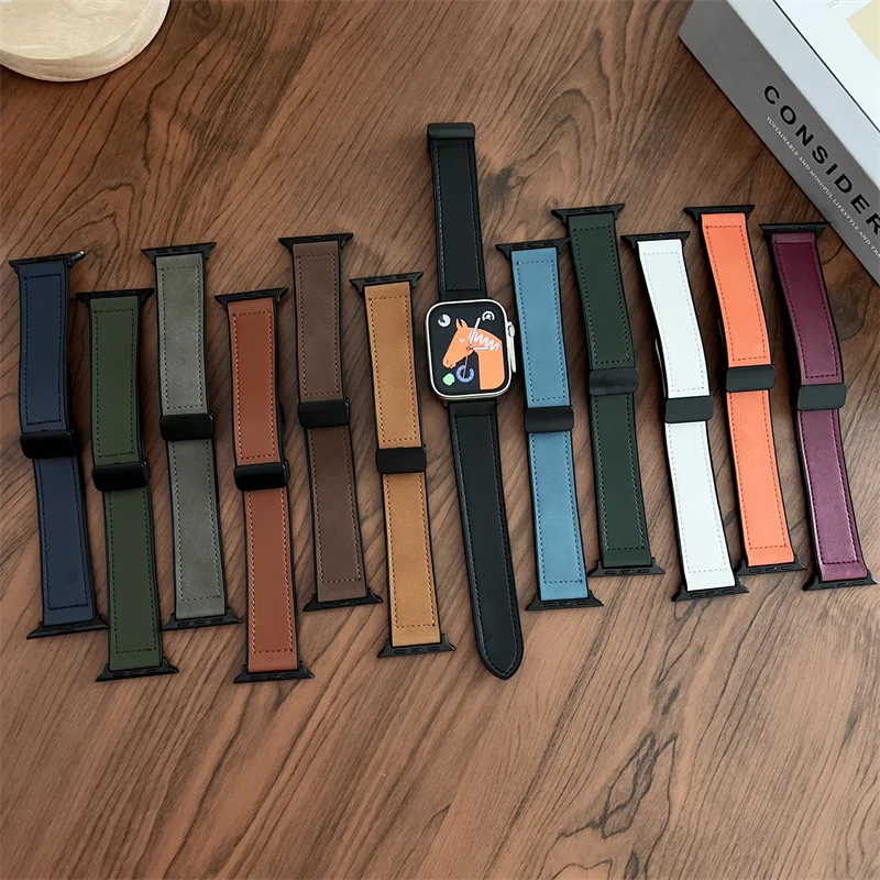 Bandas de silicona + cuero para Apple Watch, pulsera con hebilla magnética de 40mm, 41mm, 42mm, 44mm, 45mm y 49mm, iWatch Ultra SE2 8 7 6 5 4 3