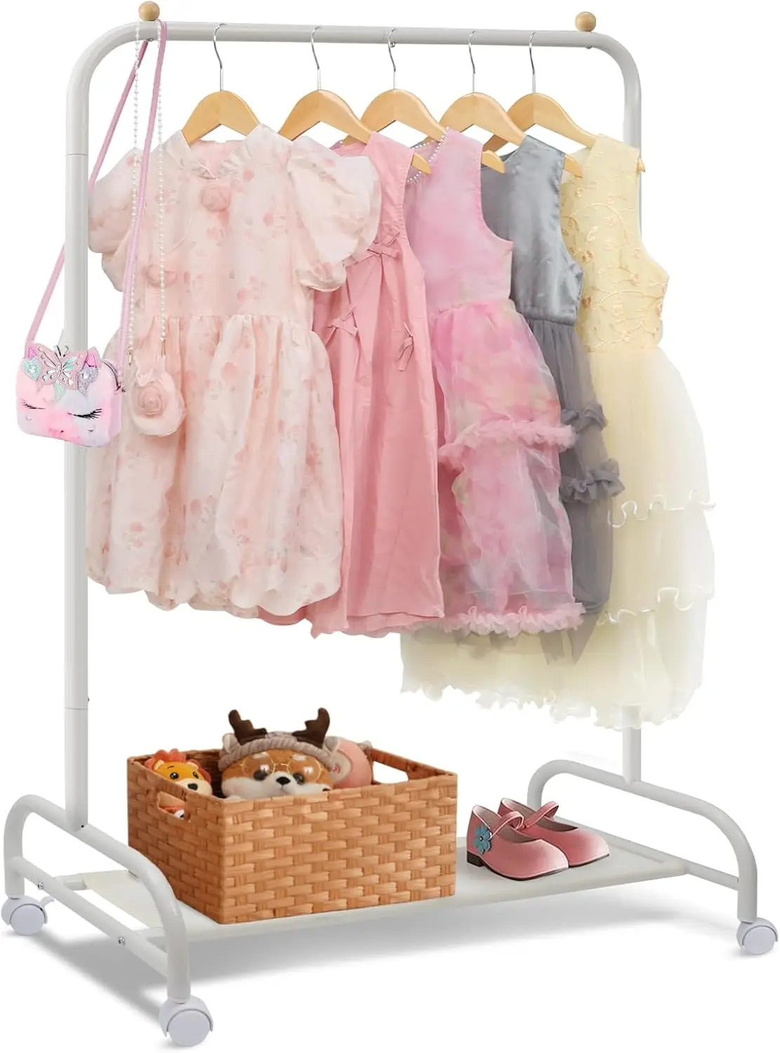 

Kids Clothes Rack with Wheels and Storage Shelf, White Toddler Garment Rack for Hanging Coats and Costumes