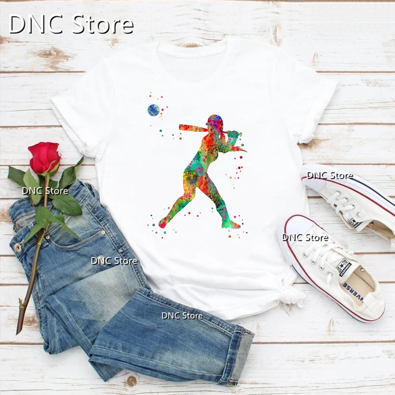 

Girl Softball Player Tshirt Basketball Watercolor T-Shirt Femme Fashion Volleyball Sports Tshirt Summer Women Tshirt O Neck tops