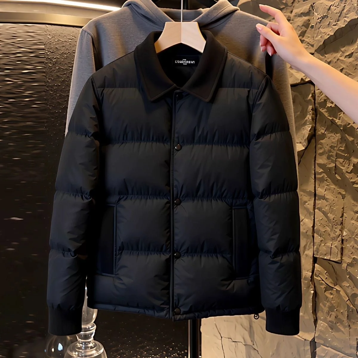 

Winter Thiened Warm Cotton Jaet Men's Faionable Patchwork Collar Coat Busin Gentleman Sle Long Sve Regular Length