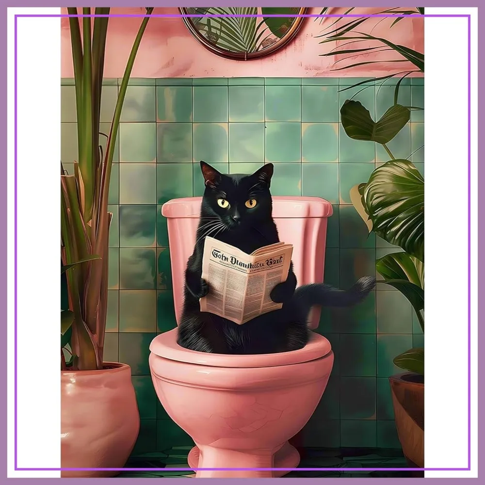 

5D Cat Diamond Painting Kit, Round Full Drill, DIY Black Cat Art, 12x16in Home Decor