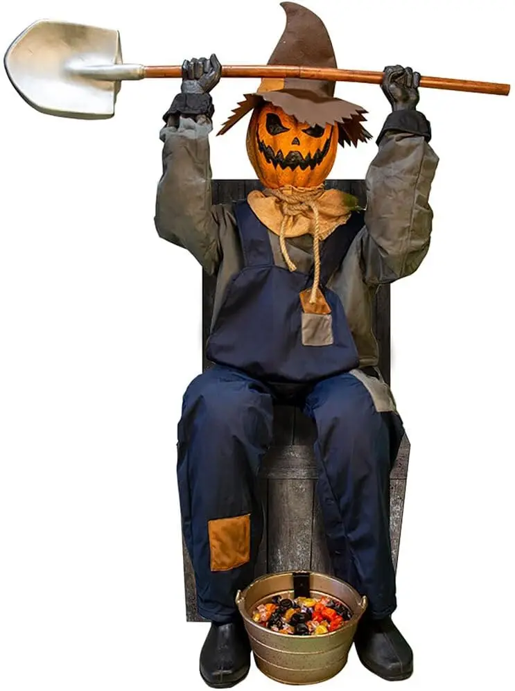 Hill Farm Motion-Activated Smiling Jack The Shovel-Wielding Sitting Scarecrow by Tekky, Talking Jump-Scare Halloween