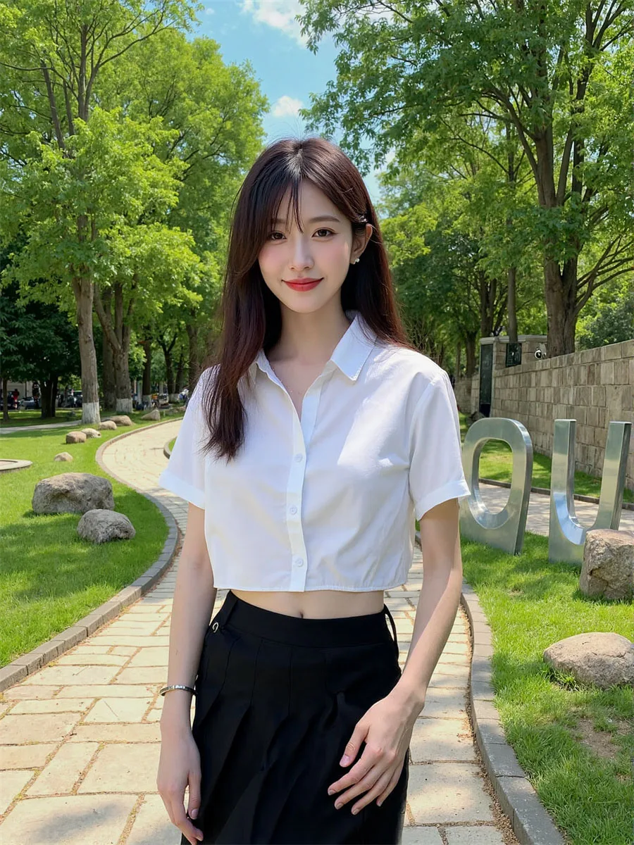 

Белые рубашки с коротким рукавом, женские укороченные топы в полоску в консервативном стиле, летняя мода, минималистичные лоскутные формальные блузки, корейская шикарная рубашка