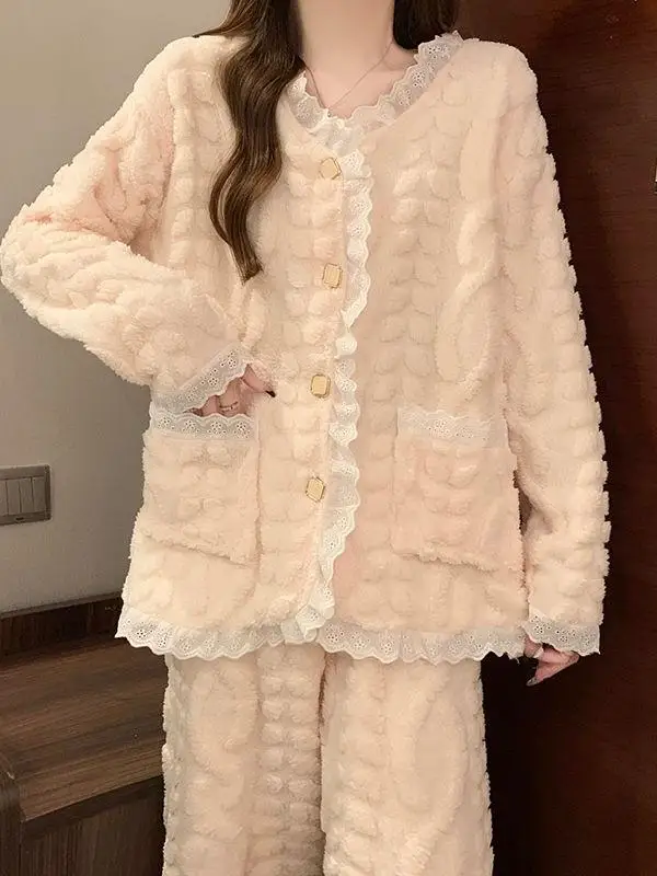 

Thickened Coral Fleece Sleepwear Women's V-neck Lace Trim Flannel Home Clothes Autumn Winter Warm Sweet Style Long Sleeve