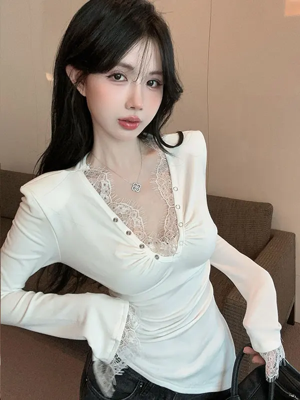 

Autumn Winter Slim Fit Lace Splice Long Sleeve V-Neck Women's Base Shirt Design Sensation Sweet And Spicy Girl Top