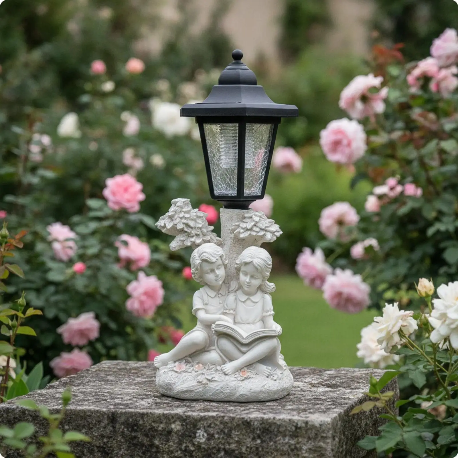Outdoor Garden Decoration Statue Resin Solar Figurine Warm Glow Lamp for Terrace Flower Borders